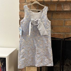 New Luli & Me Jaquard Girls Party Holiday Dress Silver and Blue Large Back Bow